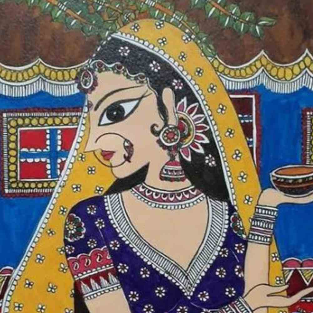 Sacred Devotion: Woman with Diya and Tulsi Plant Madhubani Painting